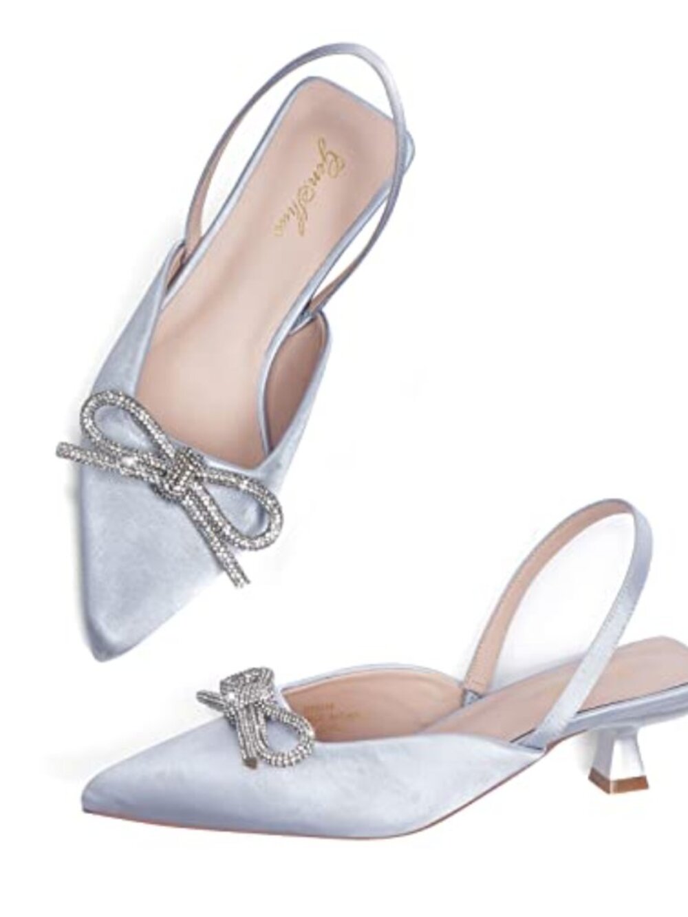 Slingback Kitten Heels Pointed Toe Rhinestone Bow Satin Pumps Wedding Dress